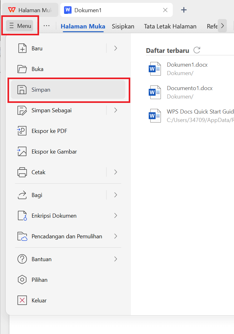 WPS Office menyimpan file