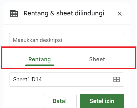 pilih sheet atau range
