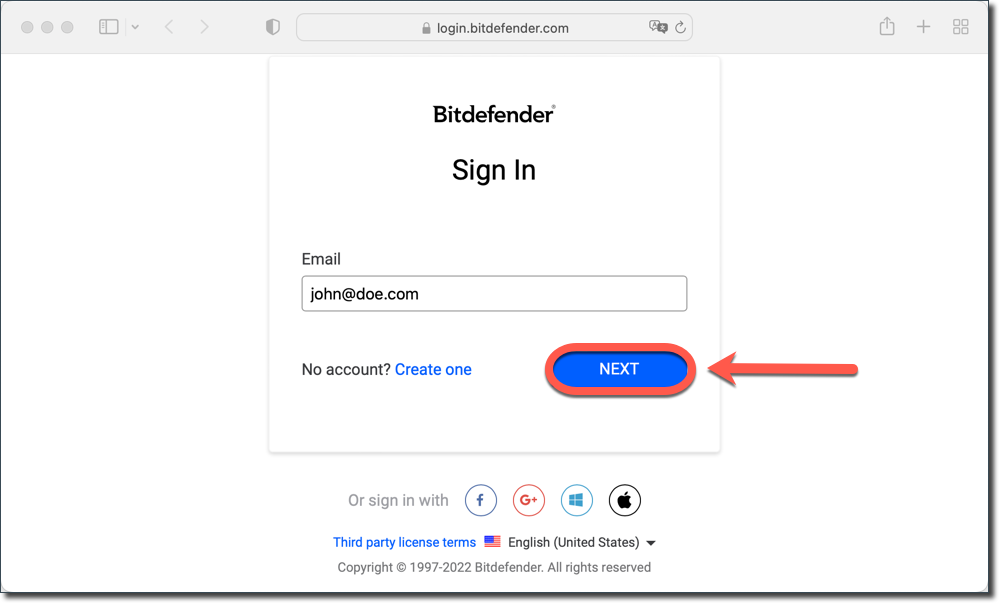 Create a free Bitdefender account or log in