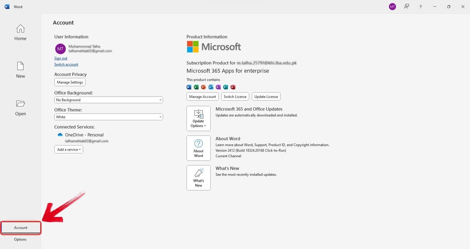 відкрити вкладку «Обліковий запис» у Microsoft Word