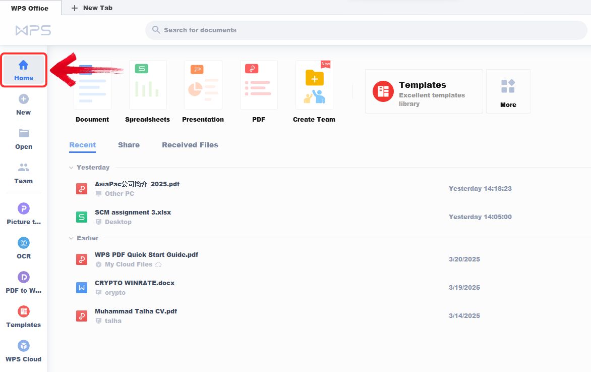 WPS Office dashboard