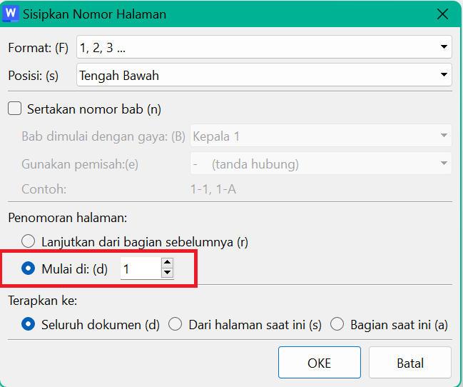 Opsi Mulai Penomoran Halaman di Pop-up Insert Page Number
