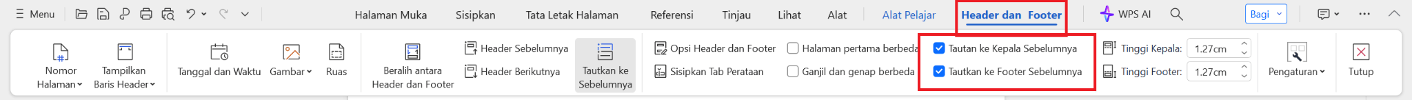 Link to Previous option in Header/Footer tab