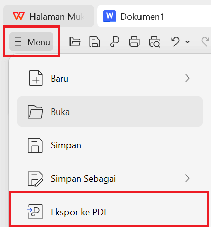 Opsi Ekspor ke PDF di Menu.