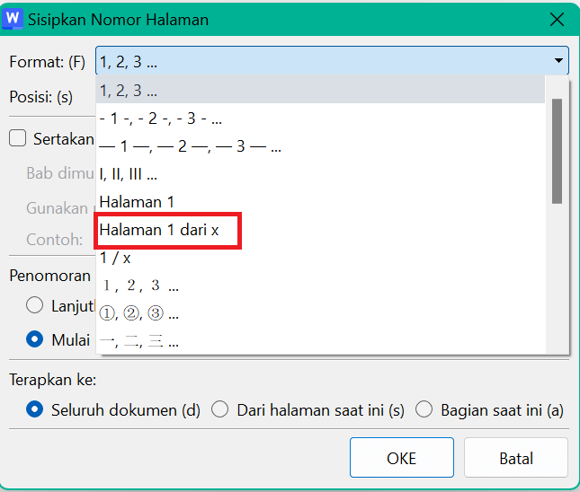 Jenis Format Nomor Halaman di Pop-up Insert Page Number