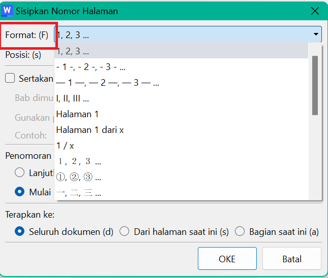 Jenis Format Nomor Halaman di Pop-up Insert Page Number