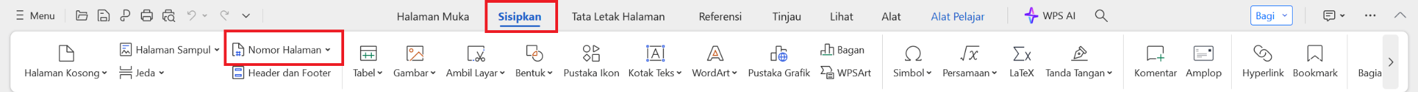 Opsi Page Number di tab Insert