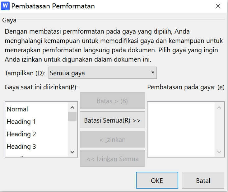 Batasi pemformatan ke pilihan gaya