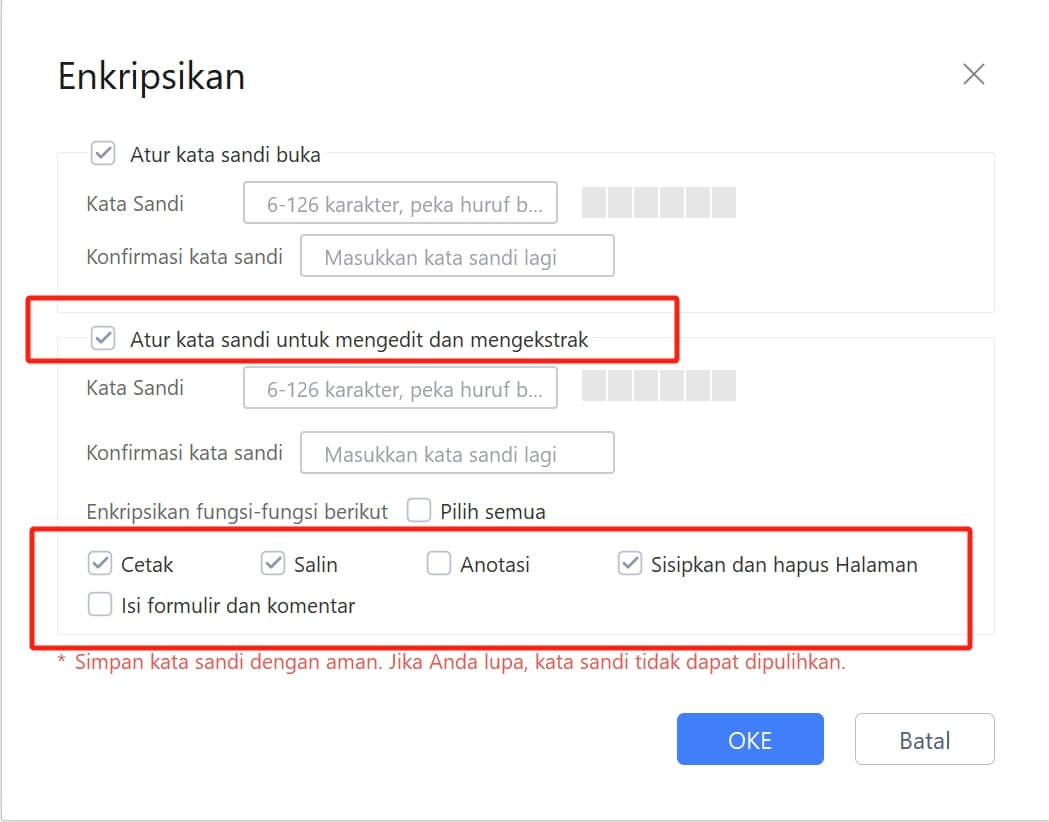  Tetapkan kata sandi untuk mengedit dan mengekstrak untuk PDF