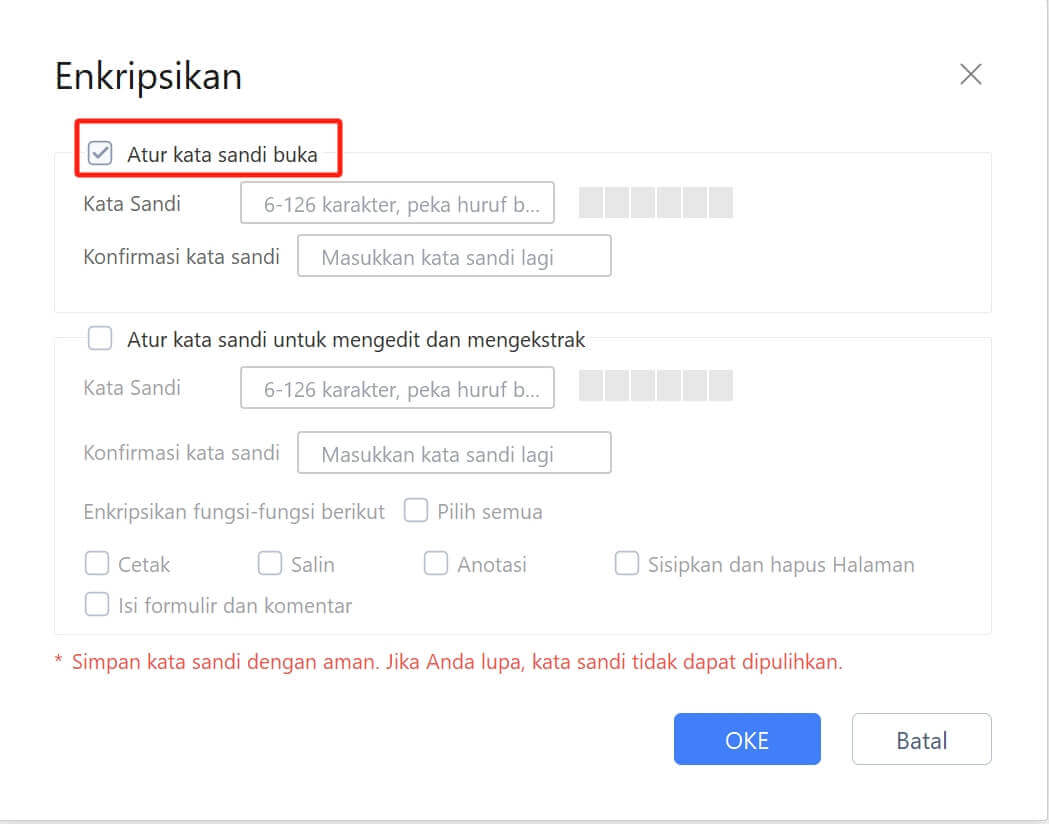 Mengatur kata sandi buka untuk PDF