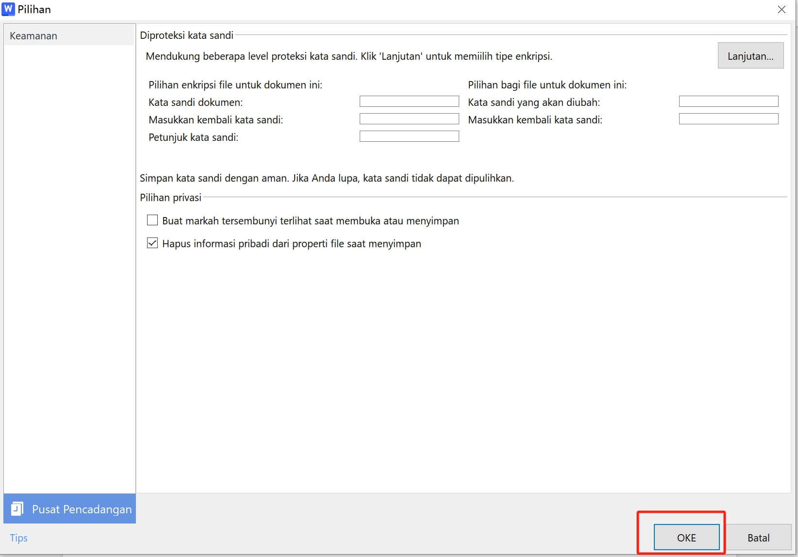 Enkripsi dokumen di WPS Office