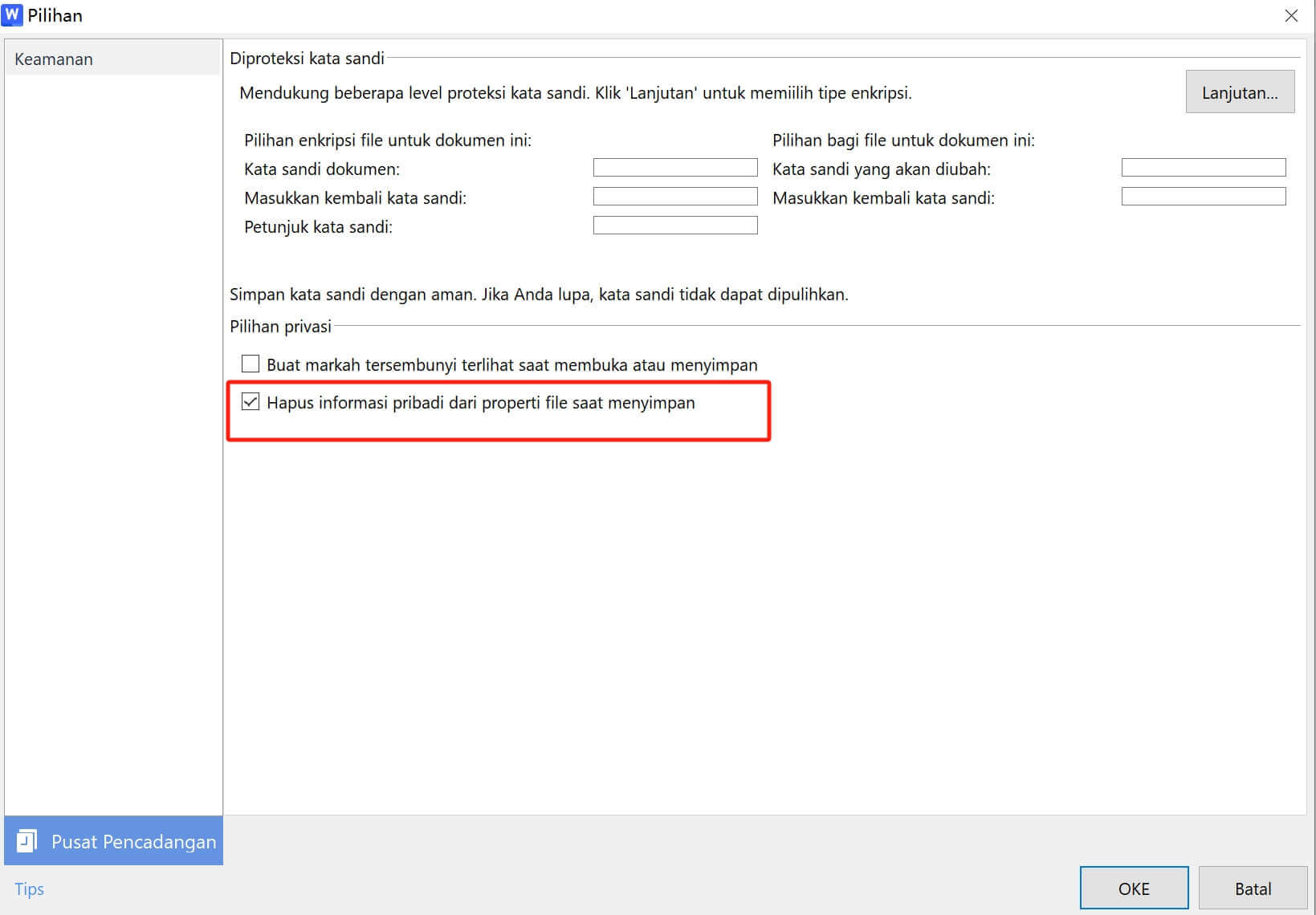 Opsi privasi WPS Office