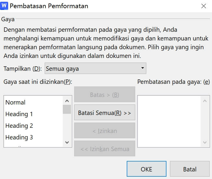 Batasi pemformatan ke pilihan gaya