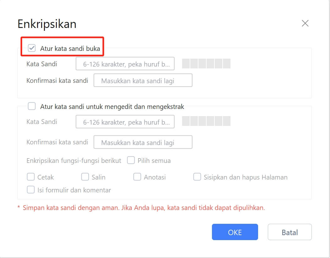 Tetapkan kata sandi terbuka untuk PDF