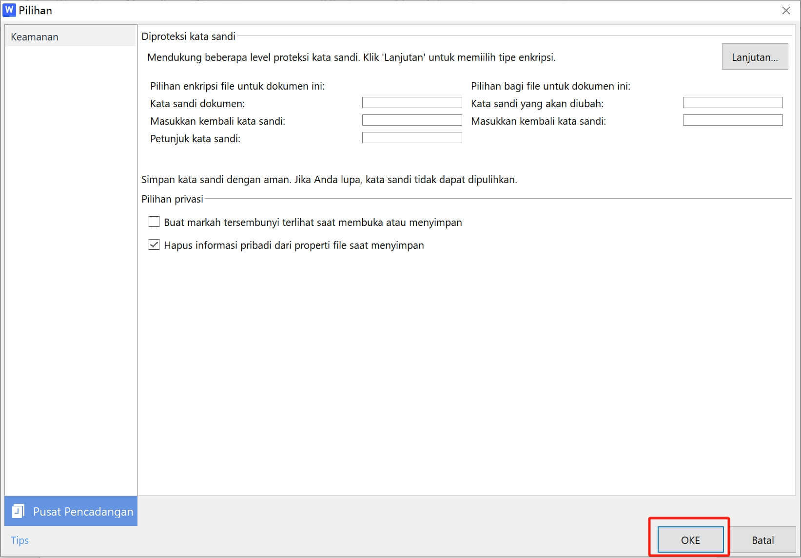 Enkripsi dokumen di WPS Office