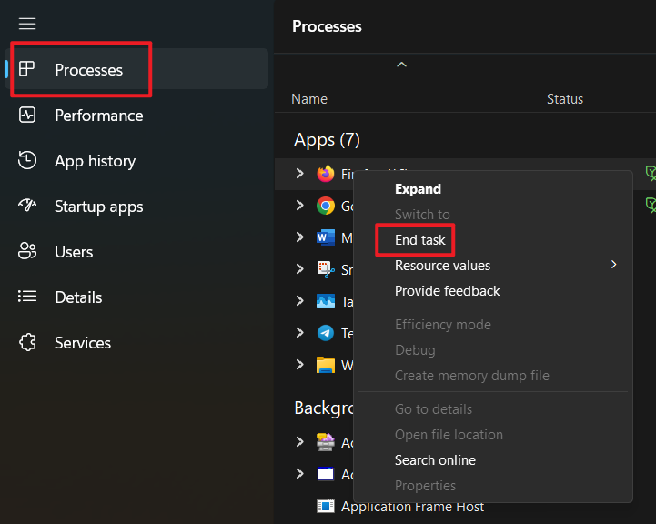 End task in windows