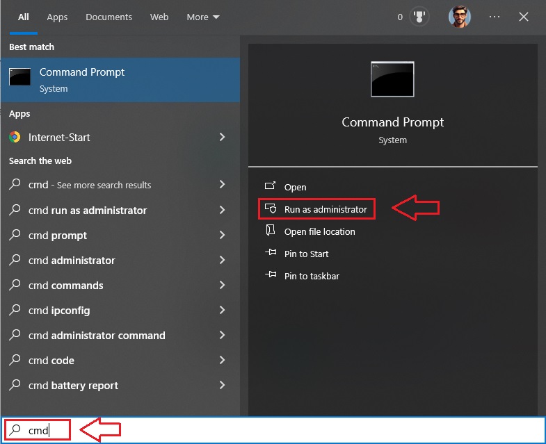 Type cmd and click on Run as administrator
