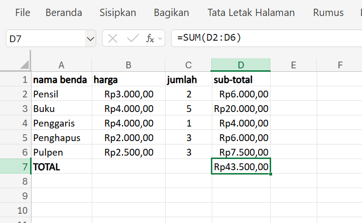 Tampilan hasil perhitungan rumus penjumlahan alt