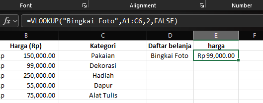 Penggunaan rumus VLOOKUP Excel pada kotak fungsi