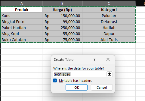 Membuat tabel untuk Excel