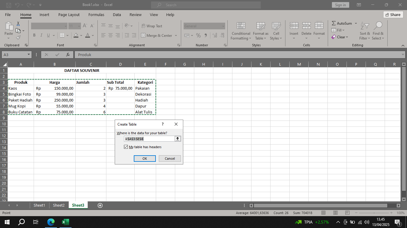 menggunakan shortcut untuk membuat tabel di excel