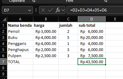 Hasil perhitungan rumus manual pada Excel