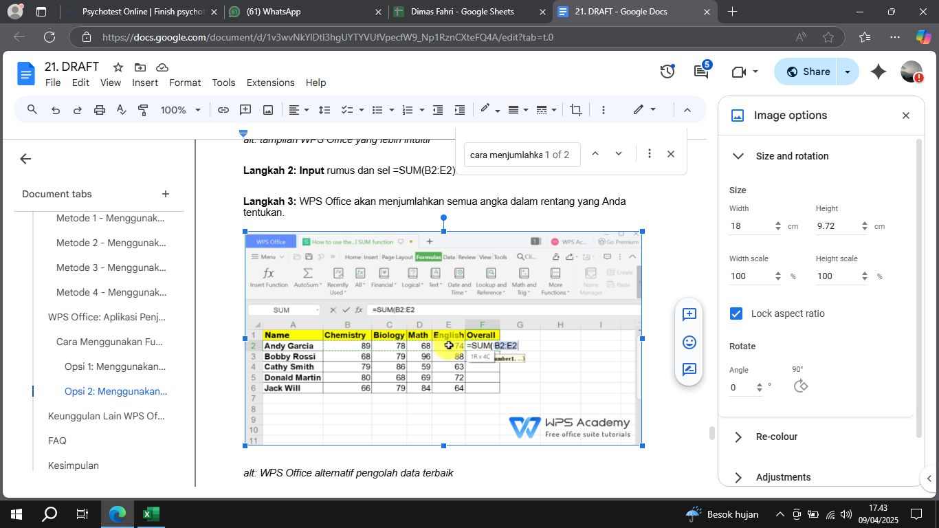 Rumus pada WPS Office sama seperti rumus penjumlahan Excel
