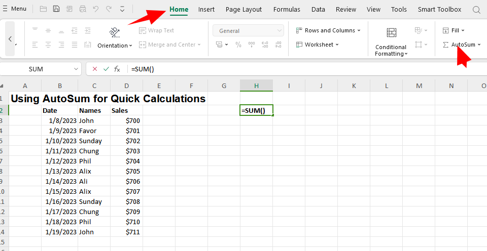 Tampilan AutoSum pada Excel