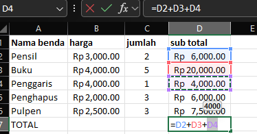 Penghitungan rumus manual pada Excel
