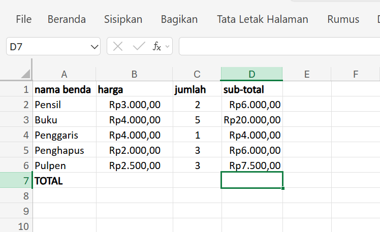 Data penjumlahan di Excel