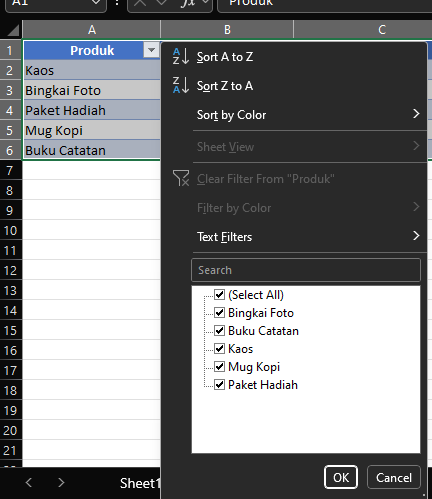 Filter tabel pada Excel
