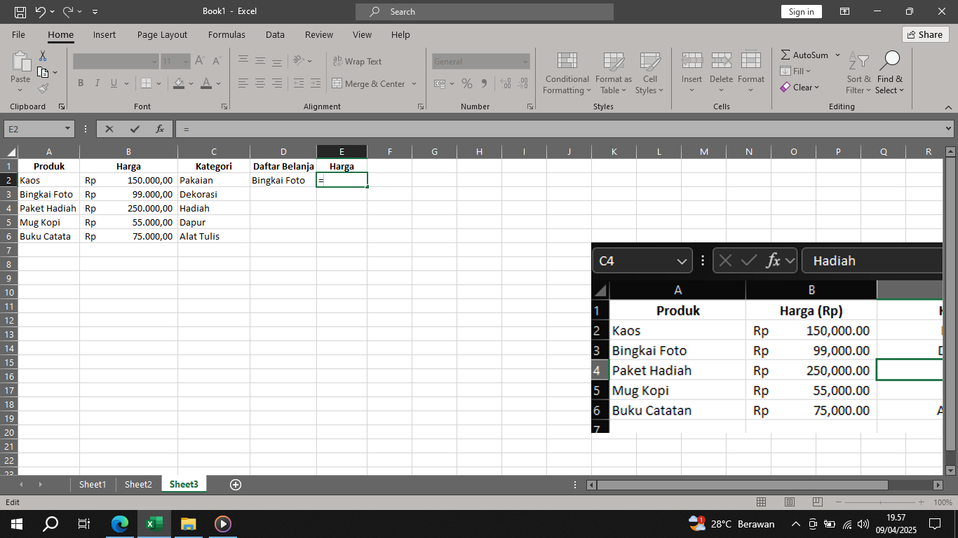  Input rumus ke sel yang akan dicari nilainya dengan VLOOKUP