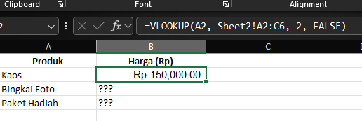 Hasil pencarian data menggunakan rumus VLOOKUP Excel
