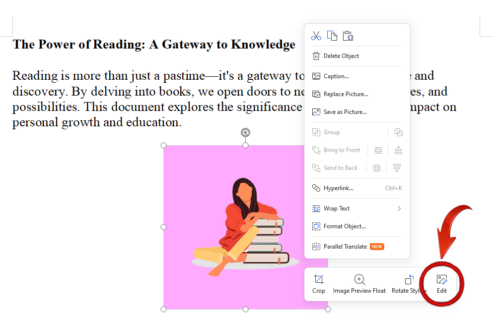 تحرير الصور في WPS Writer
