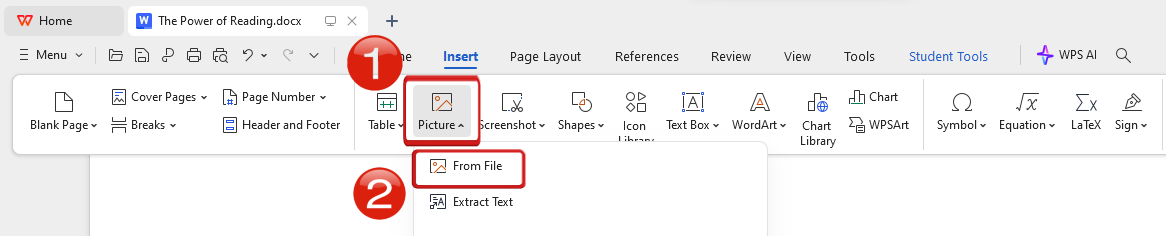 إدراج صورة من الملف في WPS Writer