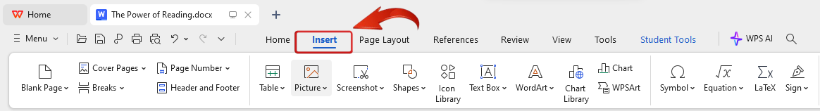 بويب الإدراج في WPS Writer