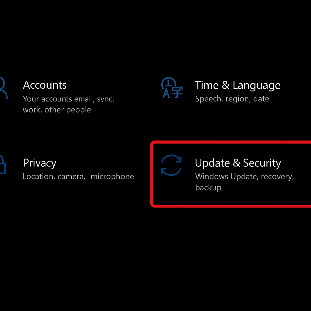 Settings showing Update & Security tab selected