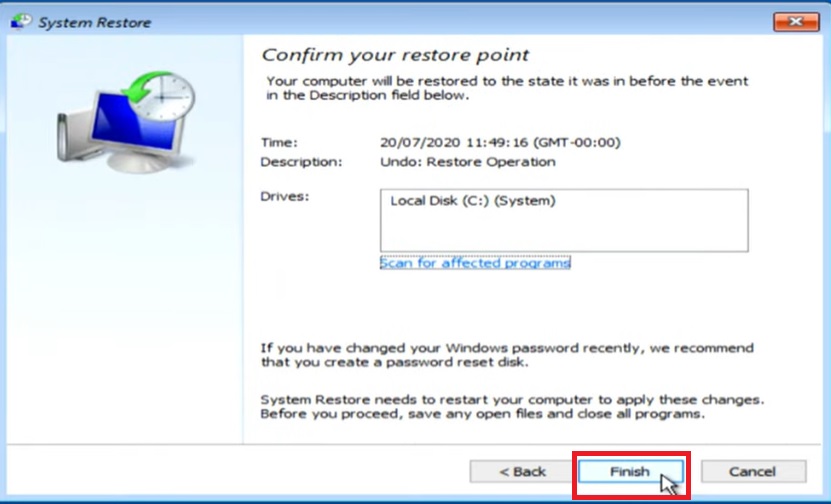 Select Finish to start the restore process