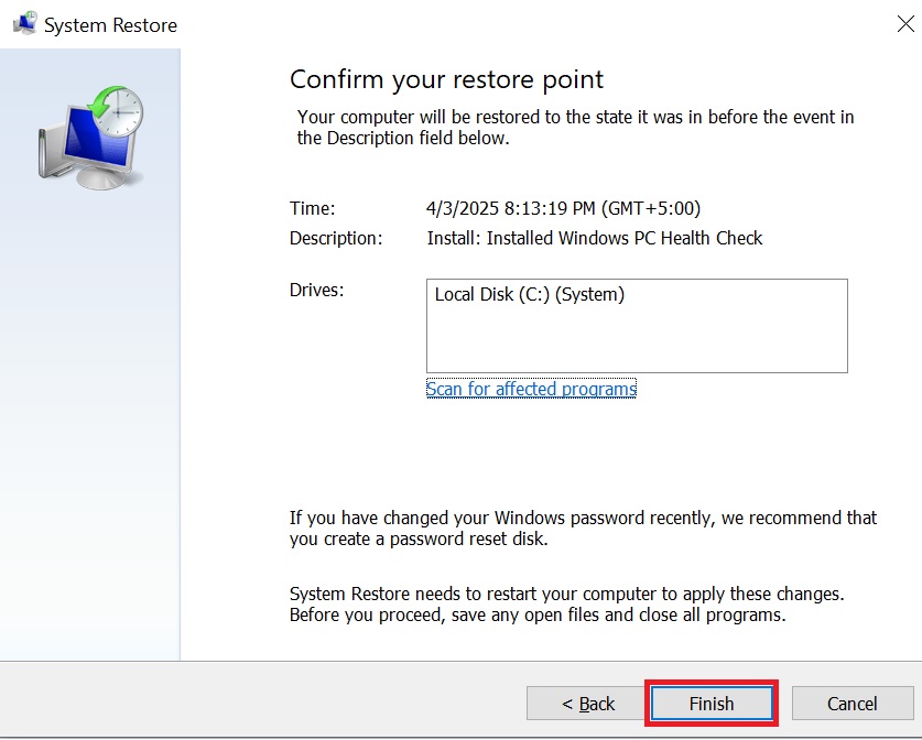 Click the Finish button