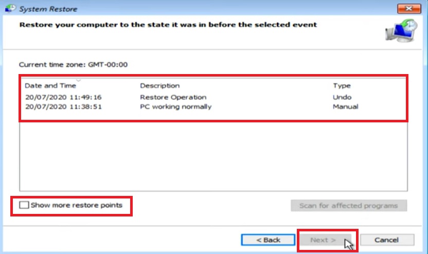 Select a restore point