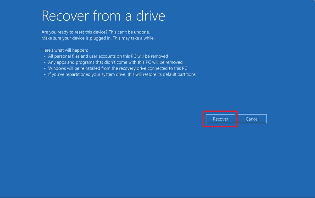 Select Recover to start the recovery process