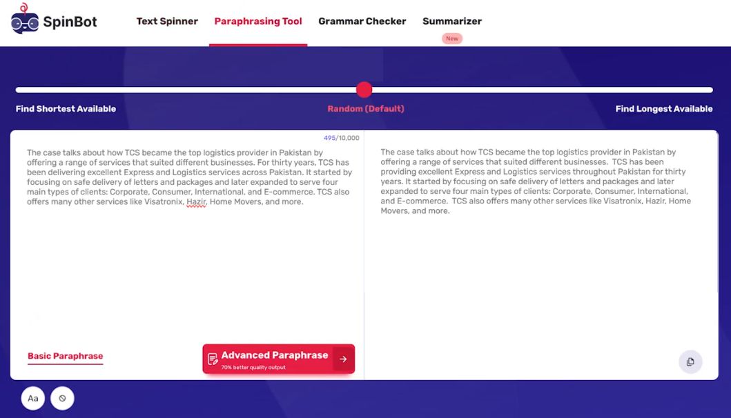 Spinbot Paraphrasing tool 결과