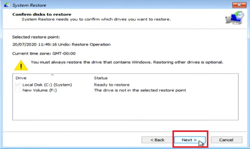 Confirm disks to restore