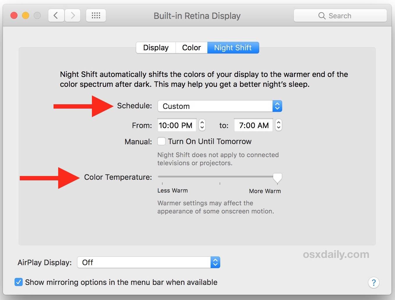 Toggling Night shift Mode