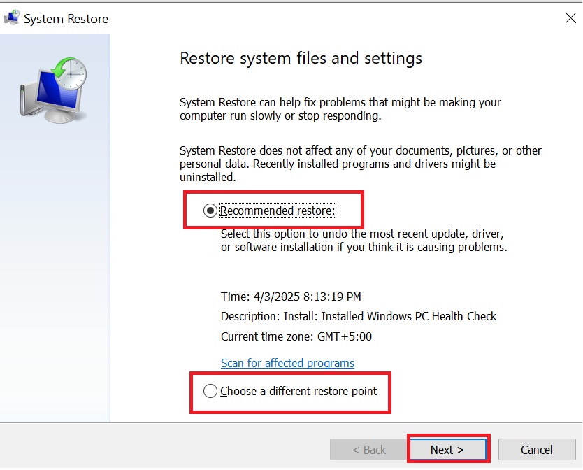 Select any option from the System Restore Window