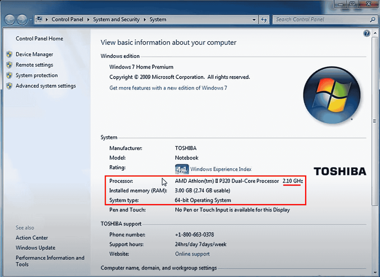 System properties window
