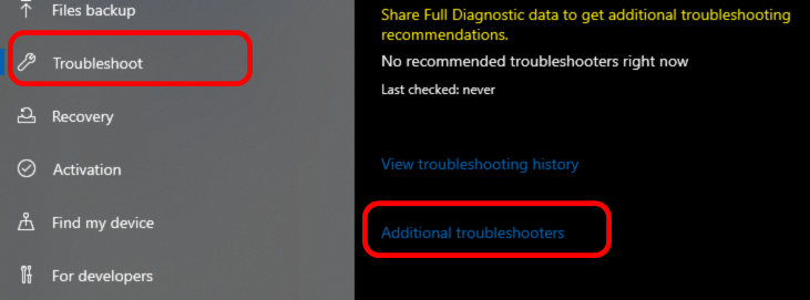 Additional troubleshooters button