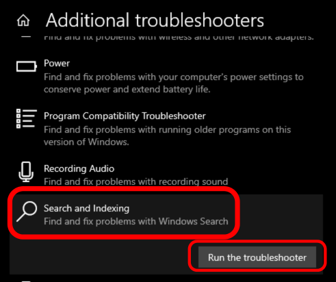 Search and Indexing options