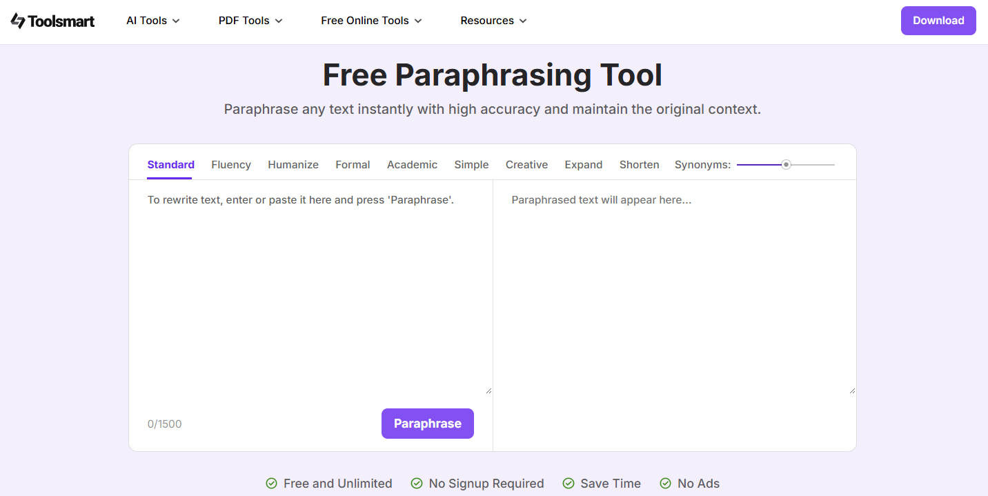 Toolsmart Paraphrasing tool