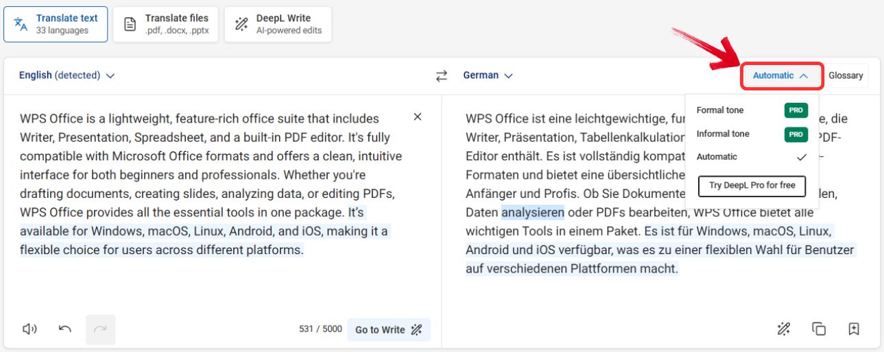 Tone dropdown for formal or informal translation